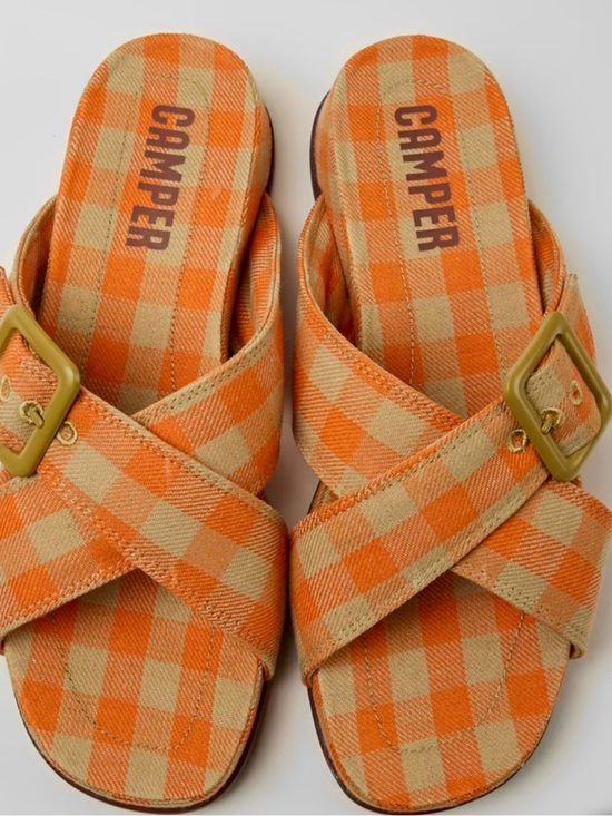Camper Shoes - Camper Orange and Tan Gingham Cross-Band Sandals